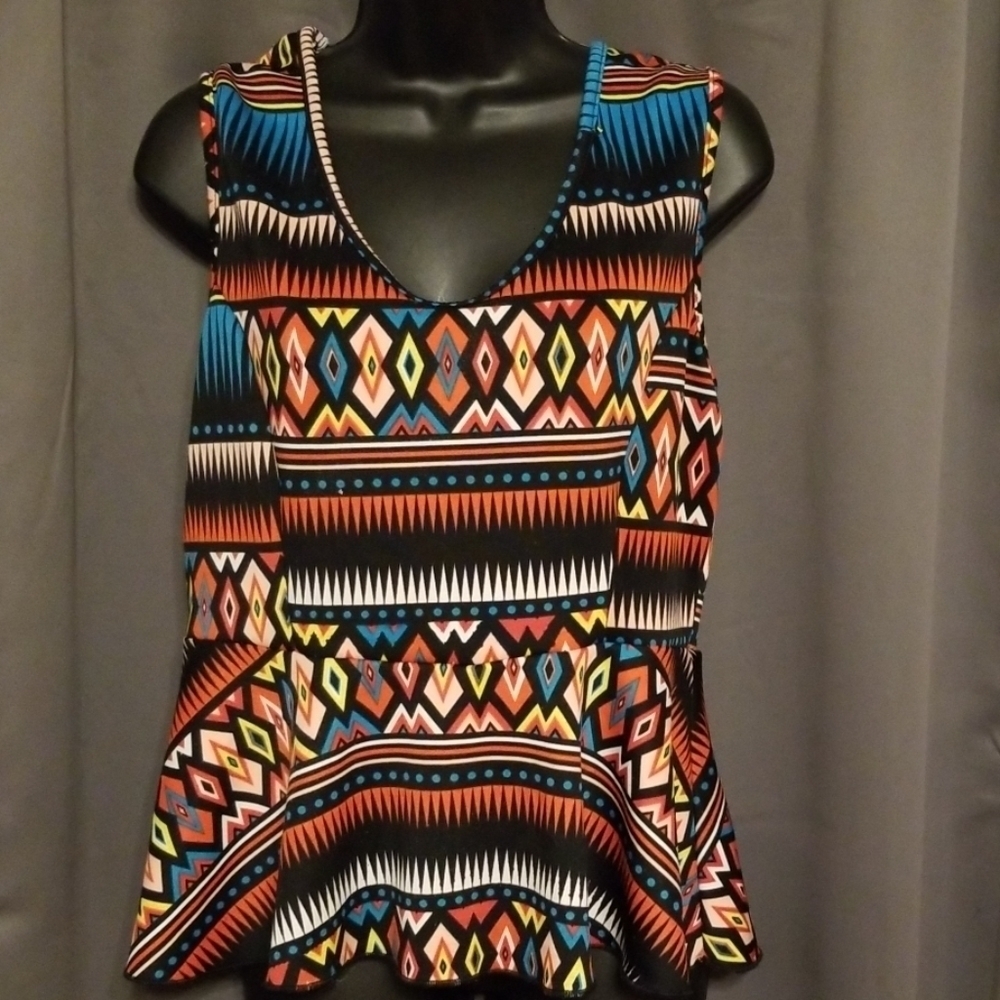 Fury Womens Blouse Shirt Sleeveless Multi-colored Aztec Stretch XL‎ GUC